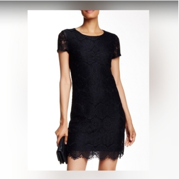 Laundry by Shelli Segal Black Scallop Hem Lace Short Sleeve Dress Size 2 - Picture 3 of 14